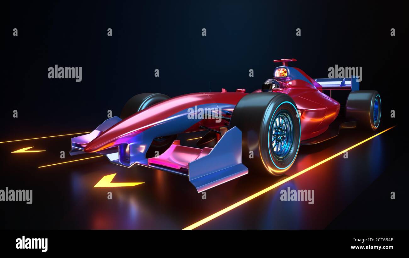 Auto da corsa che accelera. L'auto senza marchio è stata progettata e modellata da me. Illustrazione 3D Foto Stock