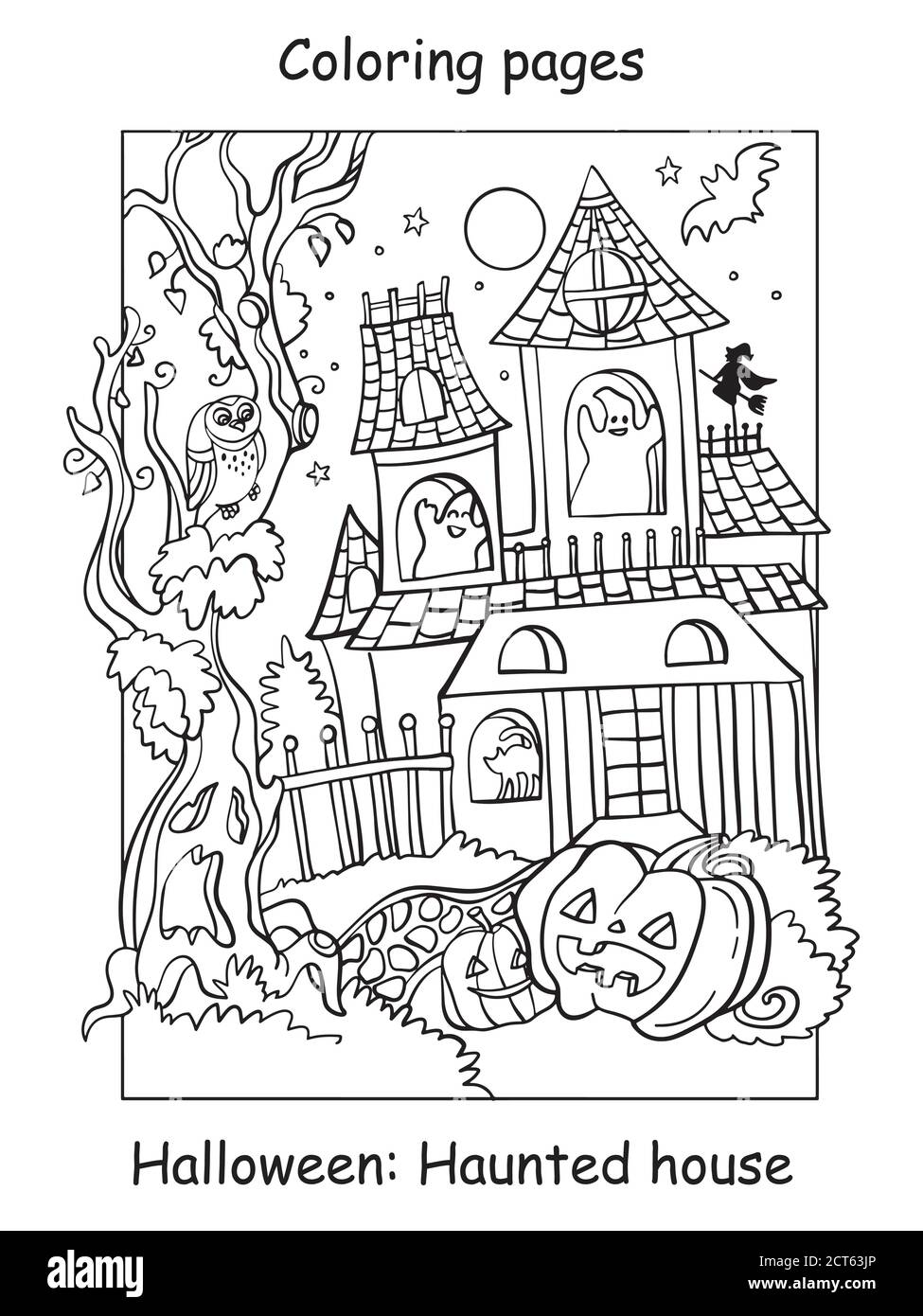 Vettore colorazione pagine divertente casa infestata con zucca. Concetto di Halloween. Illustrazione del contorno del cartone animato isolata su sfondo bianco. Libro da colorare fo Illustrazione Vettoriale