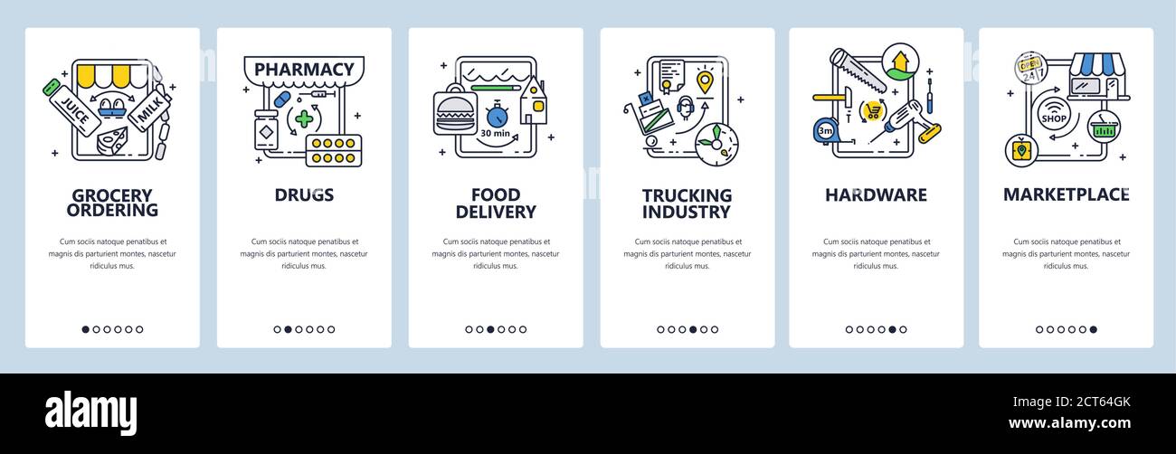 Mercato, hardware, farmacia. Ordine di generi alimentari online. Consegna di cibo. Schermate delle app mobili, modello di banner per siti Web vettoriali Illustrazione Vettoriale