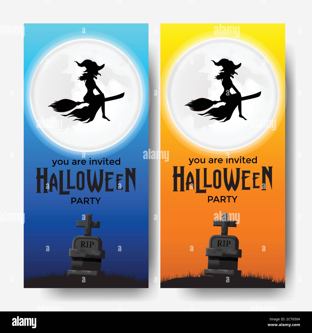 flying wizard per trucco halloween o banner di invito per le feste sulla tomba del cimitero con cielo blu e arancione notte Illustrazione Vettoriale
