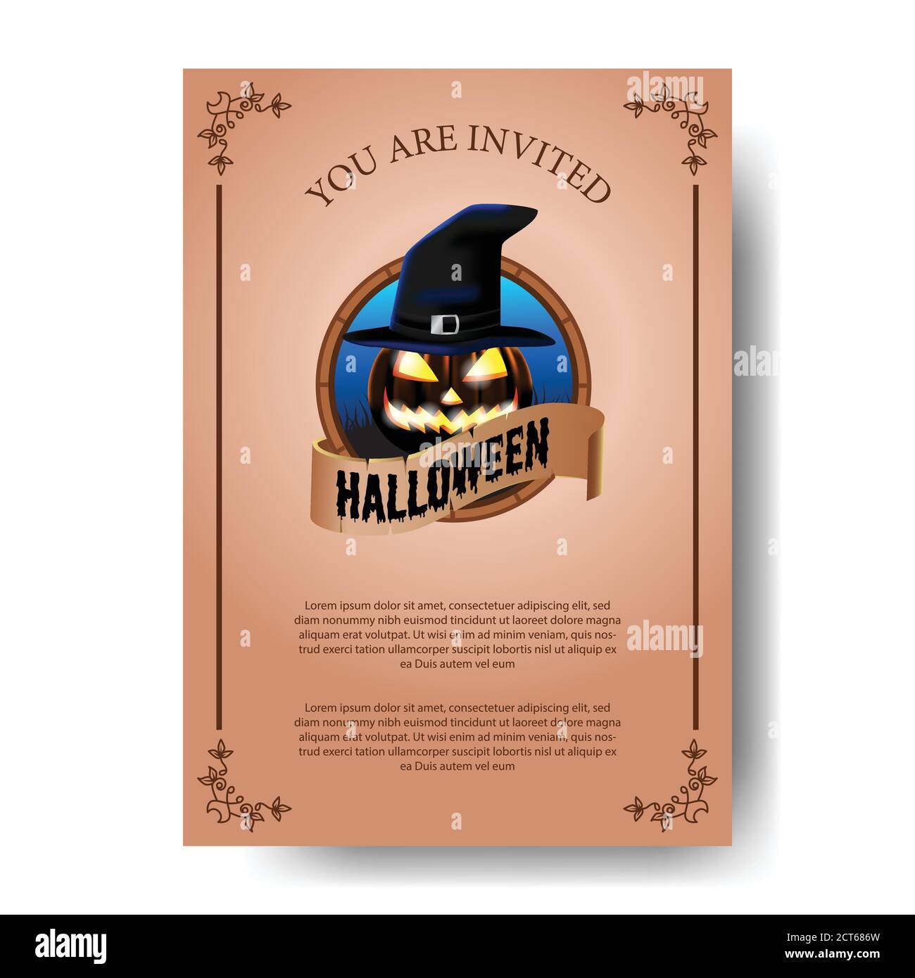 Invito al poster della festa di Halloween con illustrazione del jack con emblema icona o lanterna usare cappello mago Illustrazione Vettoriale
