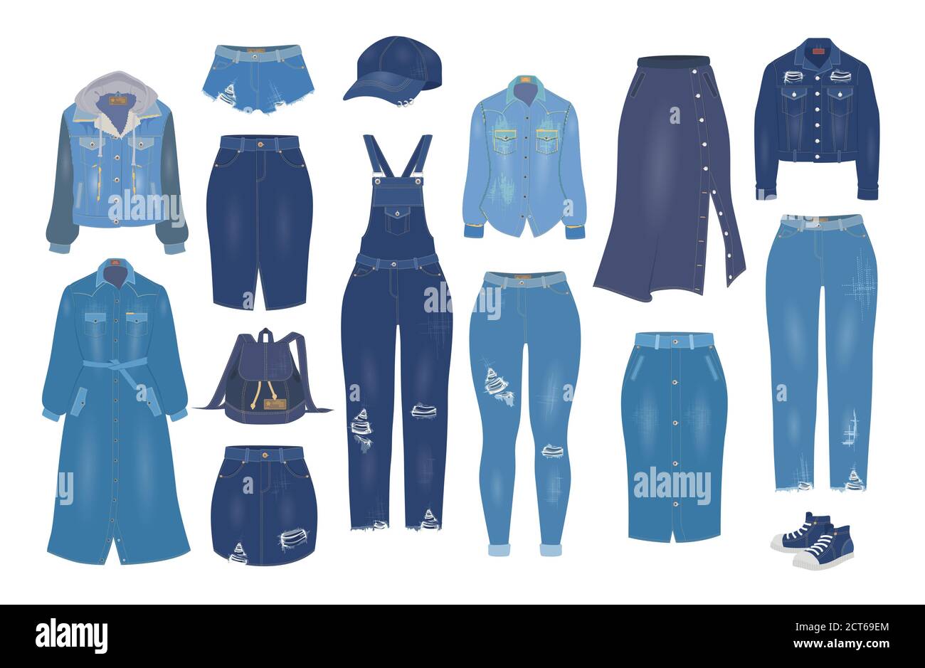 Set di abiti da donna in denim, illustrazione piatta vettoriale isolata. Outfit blu jean, abbigliamento casual, modelli jeans strappati. Illustrazione Vettoriale