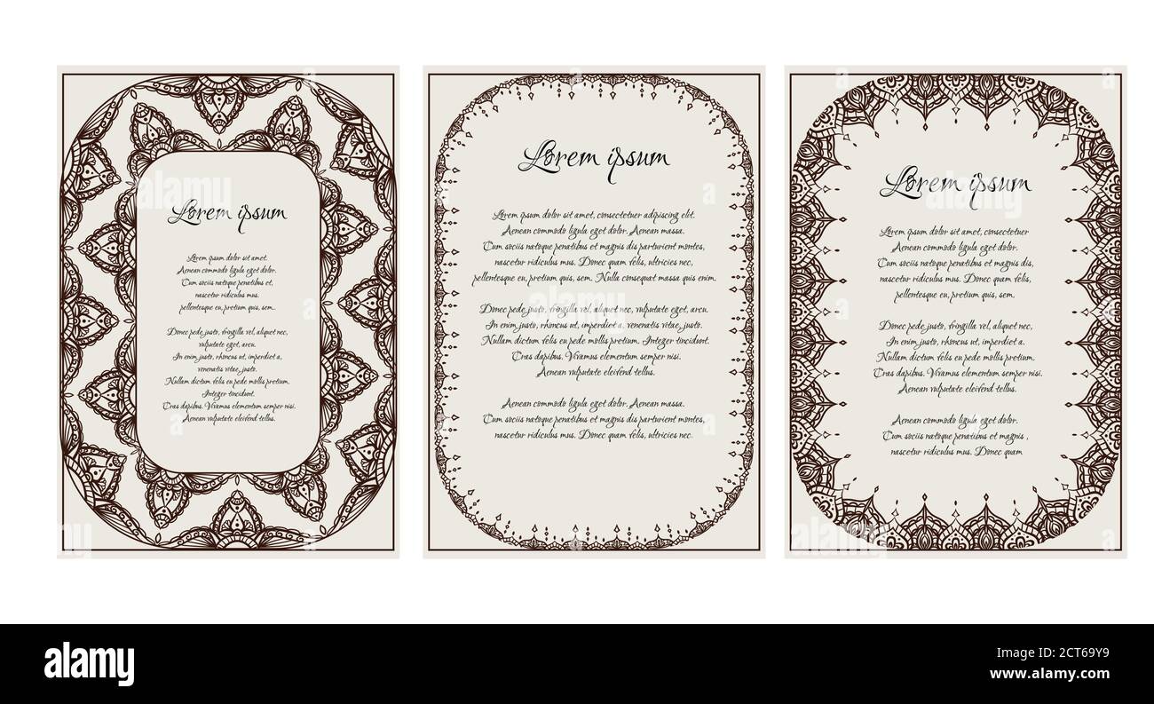 Set di modelli vintage con cornice hennè, modello mehendi e un luogo per il testo. Elemento vettoriale per inviti, menu, lettere di ringraziamento e voi Illustrazione Vettoriale