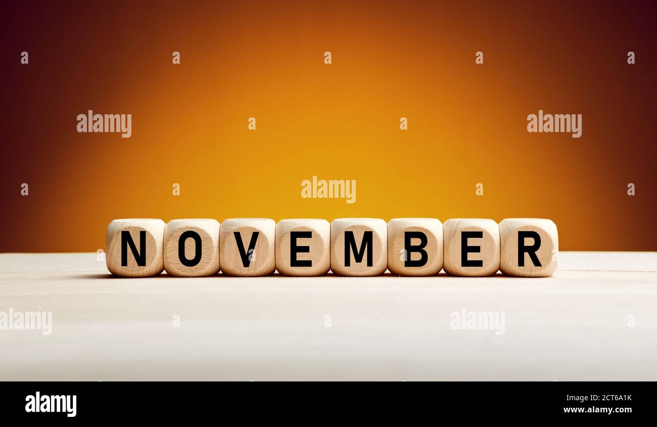 Il mese di novembre scritto su cubetti di legno con sfondo autunno con spazio di copia. Mese dell'anno. Foto Stock