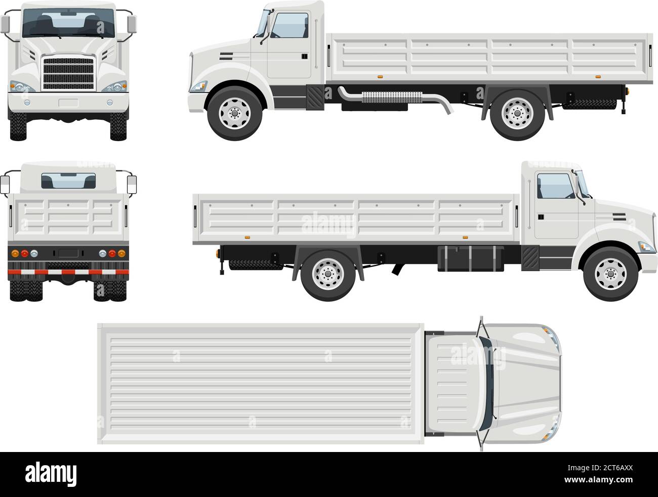 Modello vettoriale per veicoli industriali Dropside con colori semplici senza gradienti ed effetti. Vista laterale, anteriore, posteriore e superiore Illustrazione Vettoriale