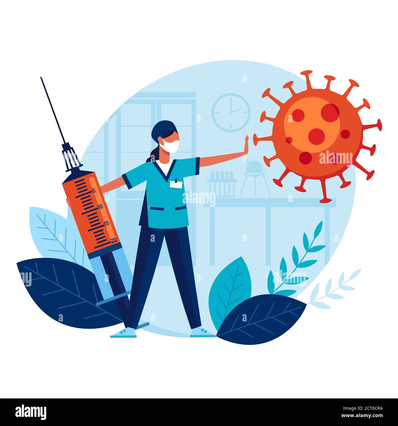 Medico con siringa grande e vaccino previene la diffusione di terribile coronavirus. Vaccinazione. La medicina protegge la popolazione da COVID-19 Illustrazione Vettoriale