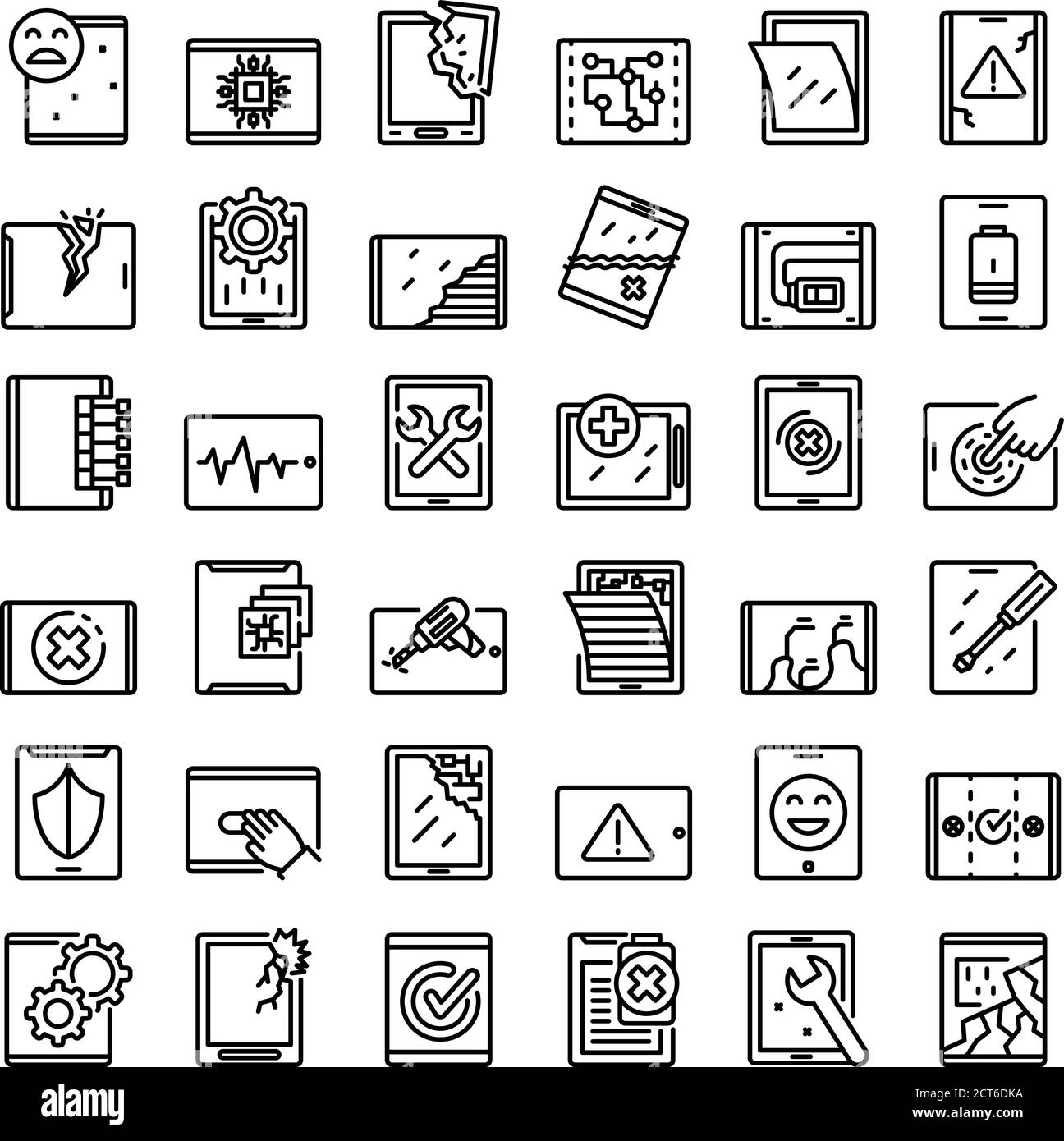Set di icone per la riparazione dei tablet, stile del contorno Illustrazione Vettoriale