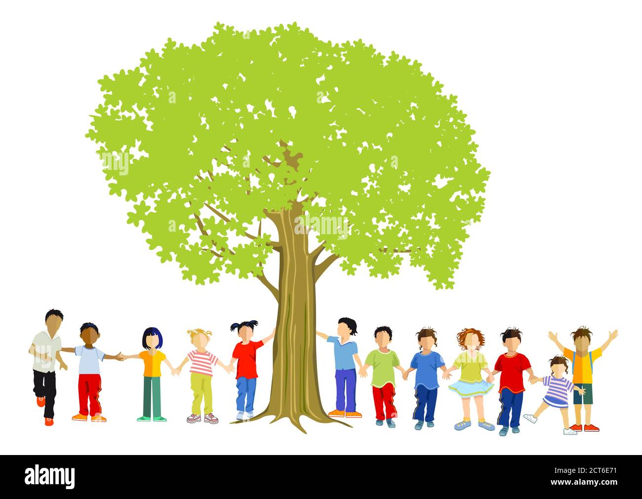 Felici i bambini insieme sotto l'albero Illustrazione Vettoriale