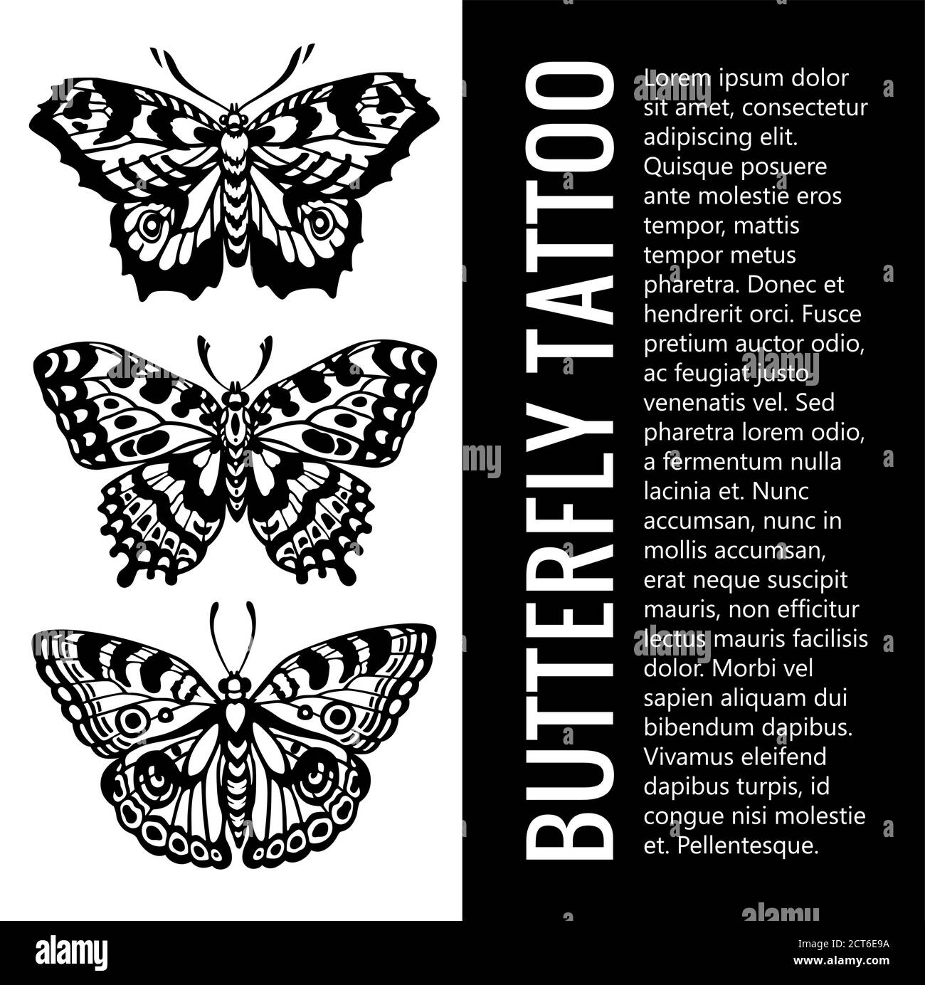Set di sagome Butterfly . Farfalla tatuaggio. Farfalle tropicali. Simbolo mistico di bello. Può essere utilizzato per la progettazione di t-shirt, poster, tazza Illustrazione Vettoriale