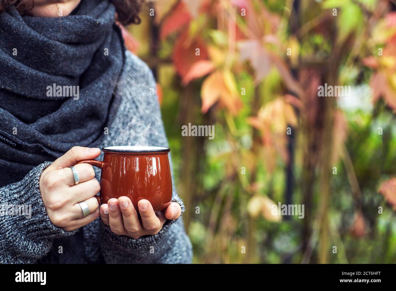 Tazza di caffè o tè in mani femminili nel parco autunnale. Autunno (autunno) umore, accogliente, amore e romanticismo concetto. Spazio di copia Foto Stock