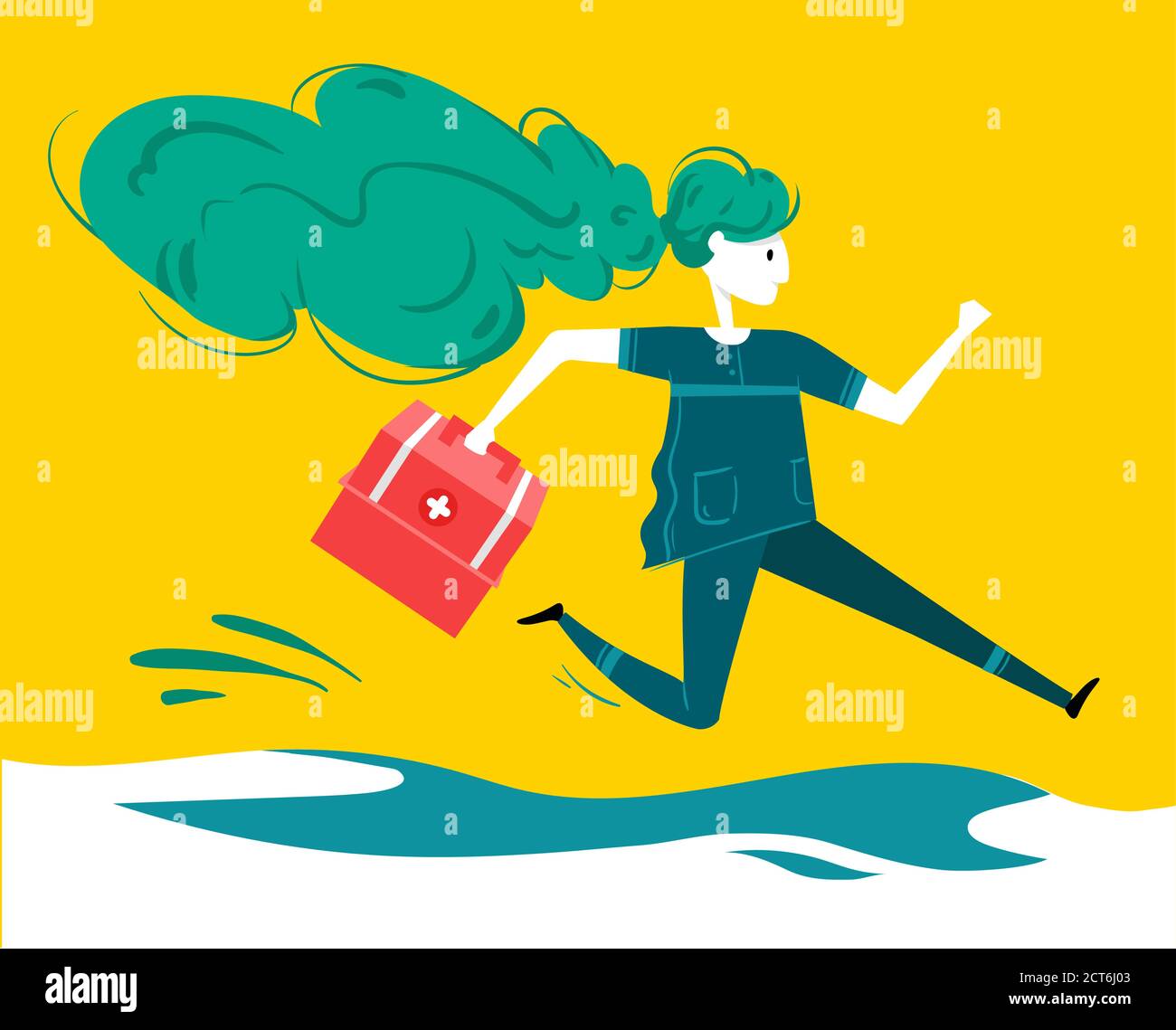 Medico di emergenza con scatola medica correre per il salvataggio. Il medico corre per salvare le persone. Illustrazione Mesical per banner. Immagine piatta vettoriale Illustrazione Vettoriale