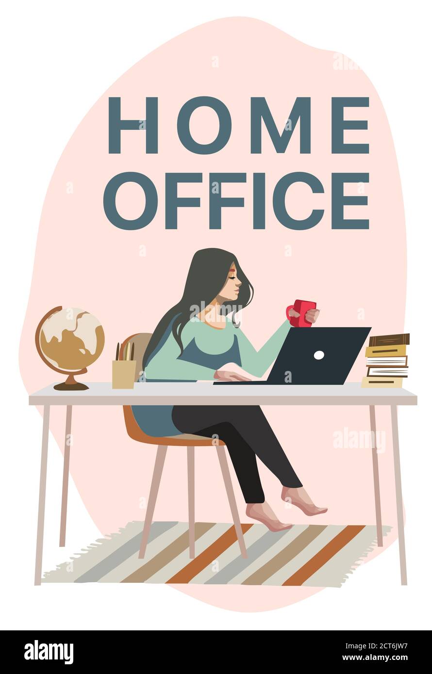 Lavorare a casa, spazio per il lavoro, illustrazione concettuale. Giovani freelance che lavorano su computer portatili e computer a casa. Persone a casa in quarantena Illustrazione Vettoriale