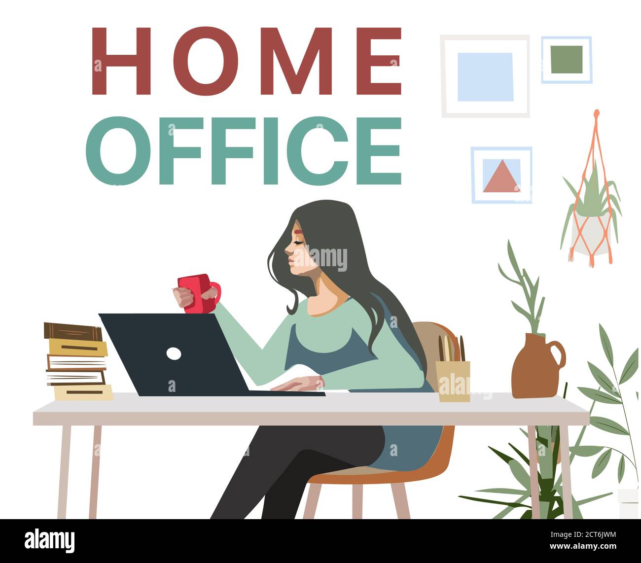 Lavorare a casa, spazio per il lavoro, illustrazione concettuale. Giovani freelance che lavorano su computer portatili e computer a casa. Persone a casa in quarantena Illustrazione Vettoriale