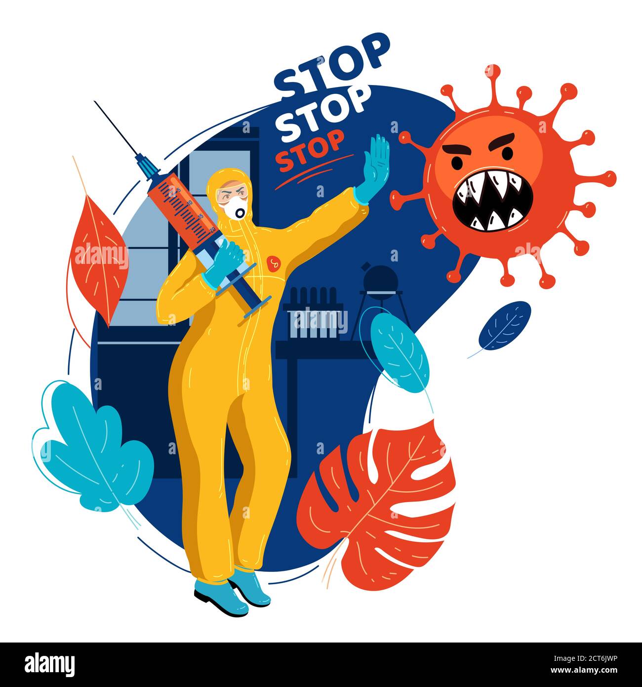 Medico vaccino in tuta medica protettiva con vaccino blocca il virus. Il medico interrompe la pandemia. La medicina arresta l'epidemia.Stop il coronavirus. Immunità naturale. Illustrazione Vettoriale