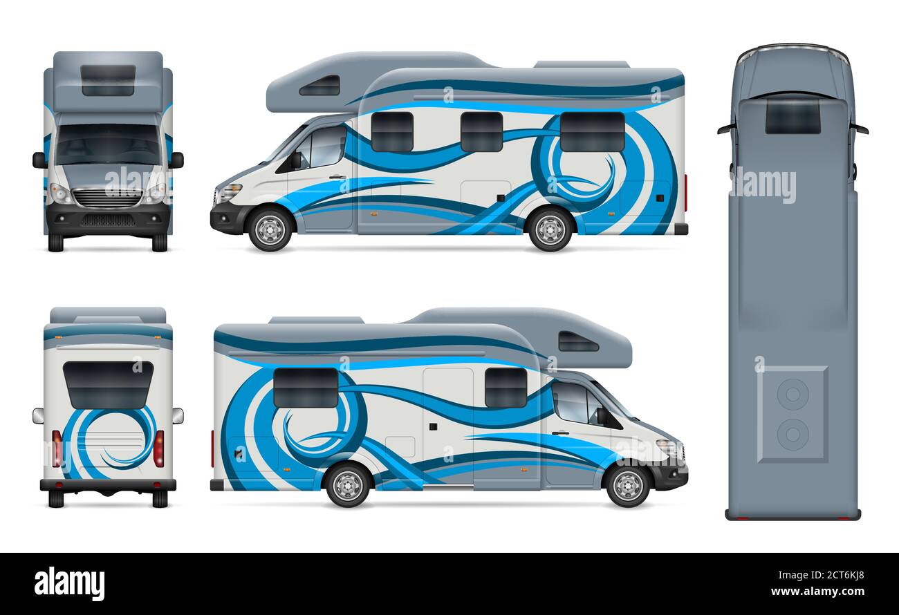 Mockup vettoriale per veicoli ricreativi su bianco per il branding dei veicoli e l'identità aziendale. Tutti gli elementi in gruppi su livelli separati per una facile modifica Illustrazione Vettoriale