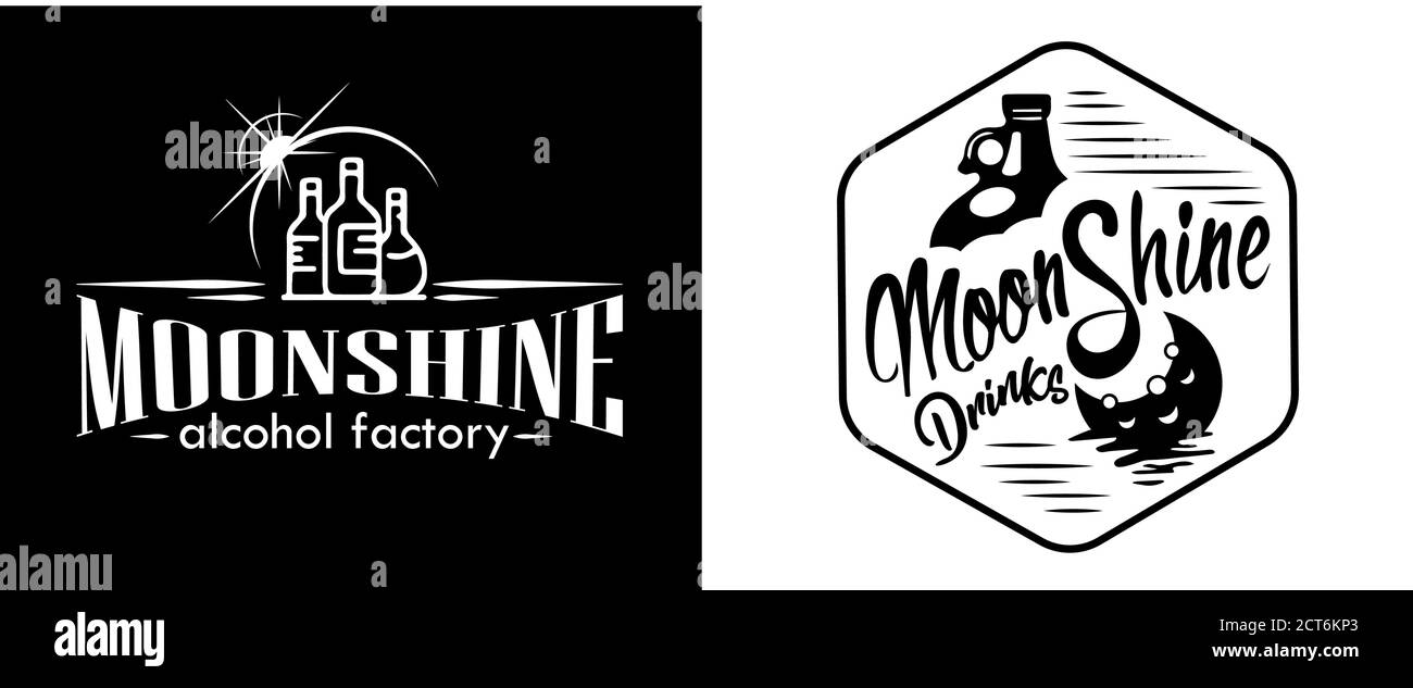 Design vintage di etichetta moonshine con elementi etnici in stile sottile, borbonico, moonshine e brandy. Logo o etichetta vintage in bianco e nero Illustrazione Vettoriale