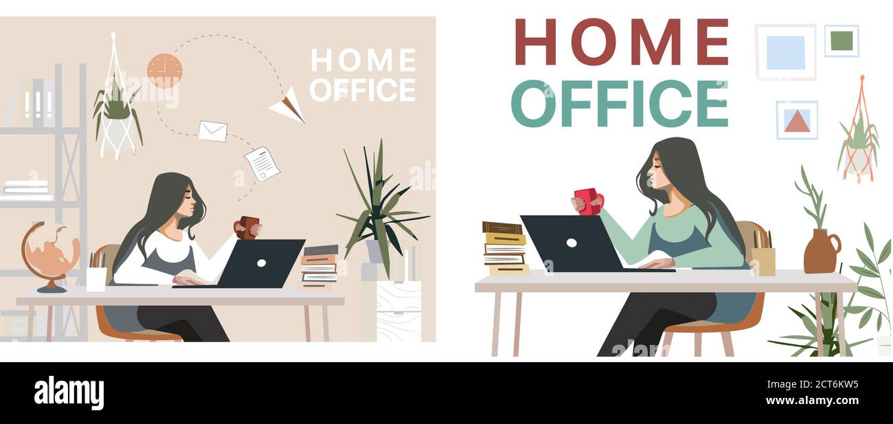 Lavorare a casa, spazio per il lavoro, illustrazione concettuale. Giovani freelance che lavorano su computer portatili e computer a casa. Persone a casa in quarantena Illustrazione Vettoriale