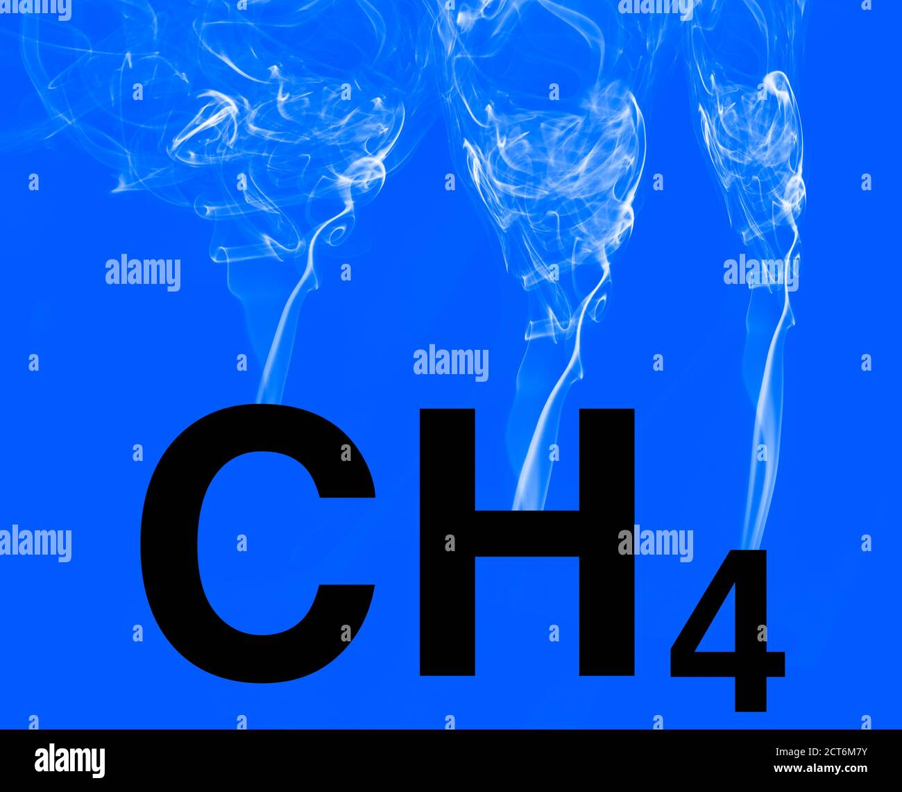 Metano che emerge dal simbolo chimico. Foto Stock