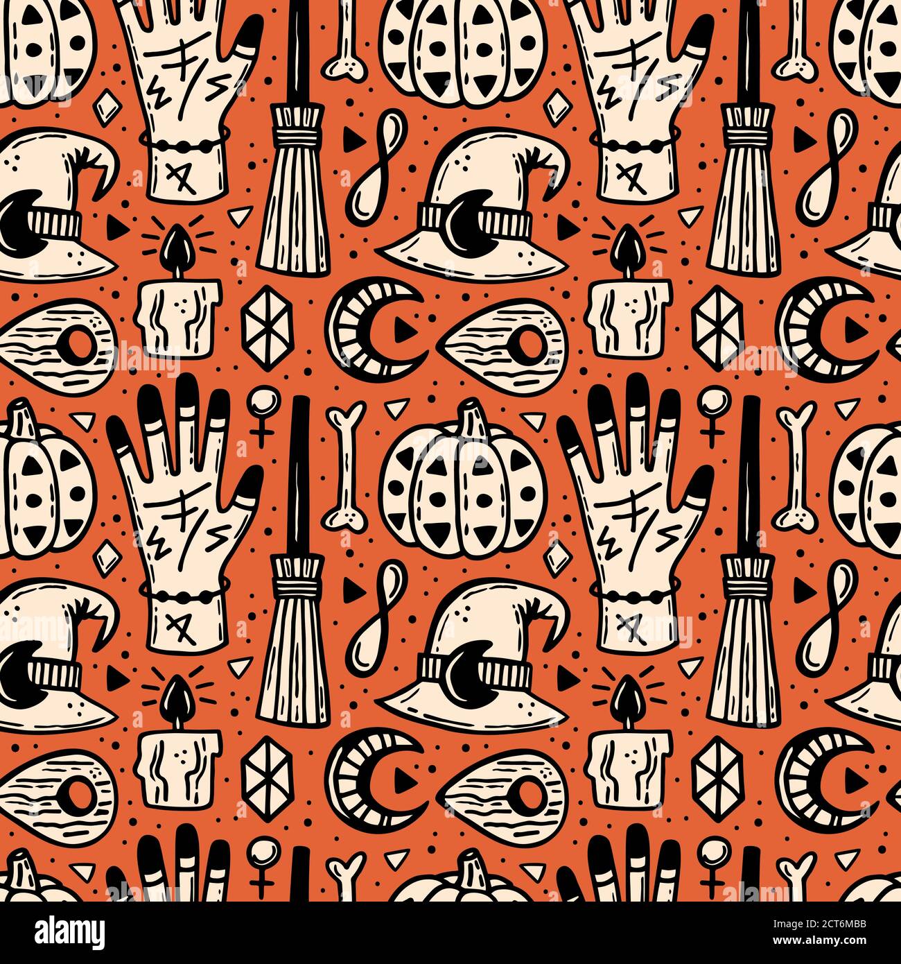 Modello senza cuciture Halloween. Carta da imballaggio per le festività. Zucca, ossa, rune, cristallo, candela, tatuaggio, scopa, luna, cappello di strega. Magia, soprannaturale. Illustrazione Vettoriale