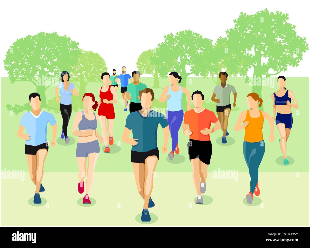 un gruppo di atleti corre nel parco Illustrazione Vettoriale