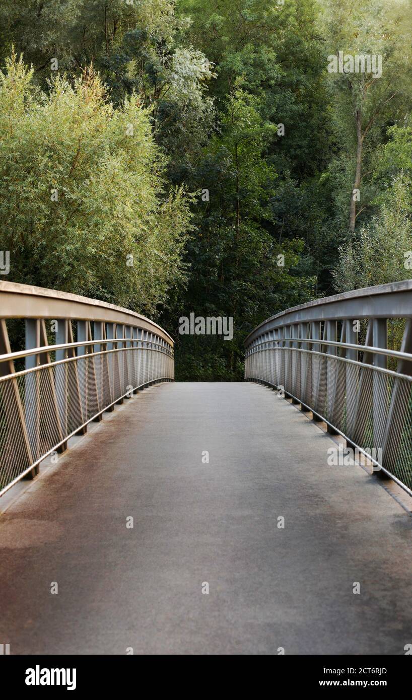 Ponte curvo per pedoni e ciclisti sul fiume Enz a Unterriexingen, Baden Württemberg, Germania Foto Stock