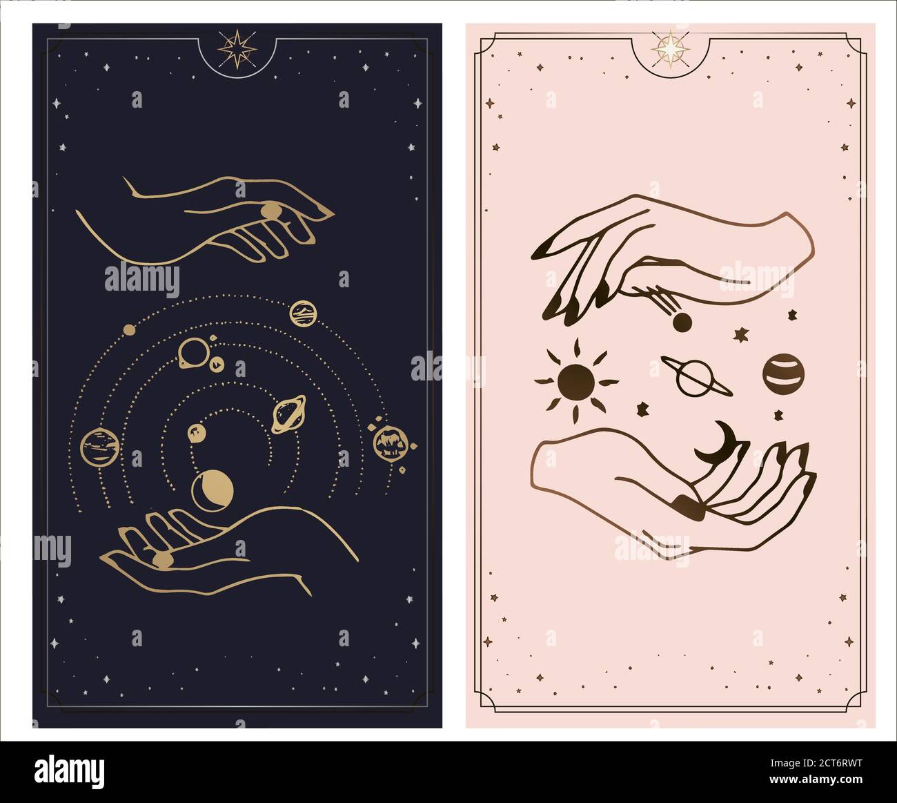 Le carte tarocchi COSMOS sono create dalle mani di Dio. Le mani sono impostate in un semplice stile Boho piatto esoterico. Collezione esoterica di loghi con vari symb Illustrazione Vettoriale