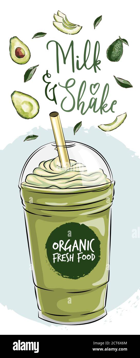 Illustrazione vettoriale di frullato detox vegano. Ricetta disegnata a mano di una bevanda sana fatta di avocado, frullato di ricetta disegnato a mano, ingredienti ecologici sani Illustrazione Vettoriale