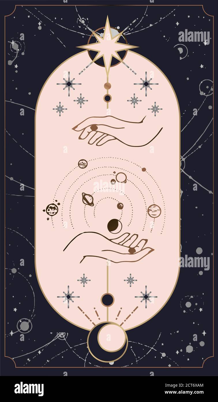 Le carte tarocchi COSMOS sono create dalle mani di Dio. Le mani sono impostate in un semplice stile Boho piatto esoterico. Collezione esoterica di loghi con vari symb Illustrazione Vettoriale