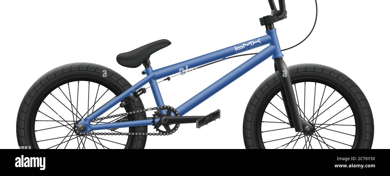 Bicicletta BMX blu mockup - lato destro primo piano. Illustrazione vettoriale della bicicletta isolata su sfondo bianco con componenti dettagliati, parti Illustrazione Vettoriale