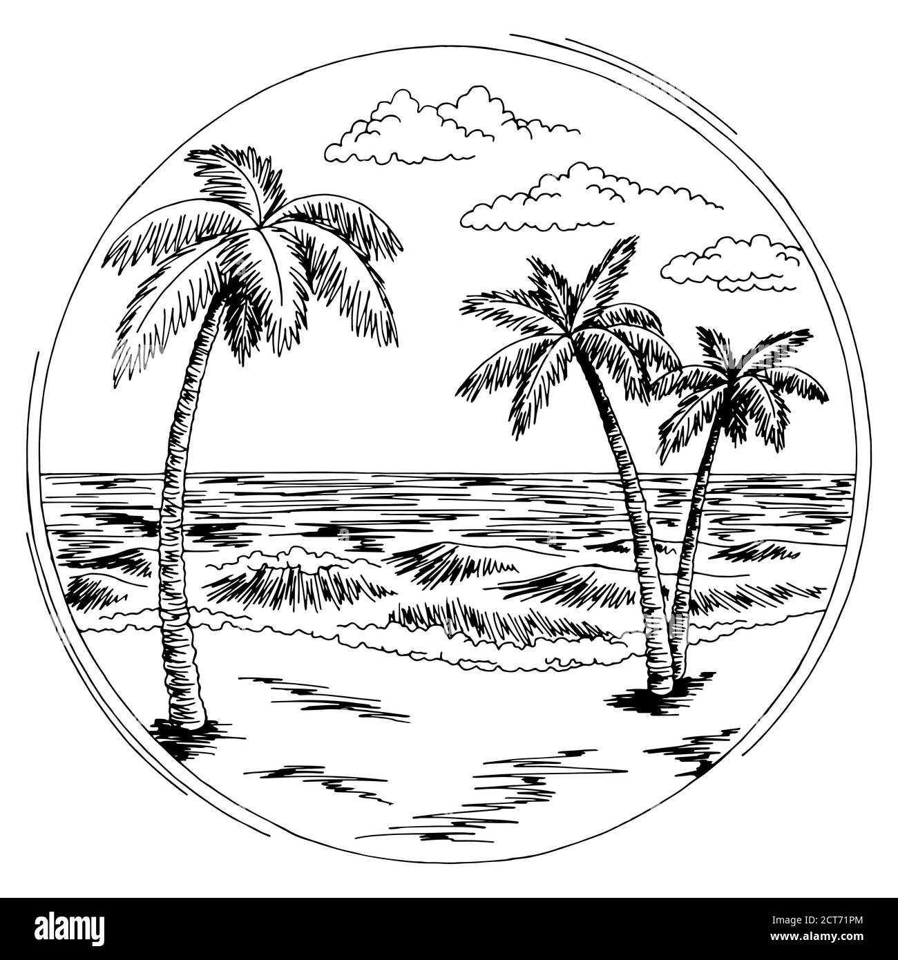 Mare costa cornice rotonda grafica spiaggia nero bianco paesaggio schizzo vettore di illustrazione Illustrazione Vettoriale