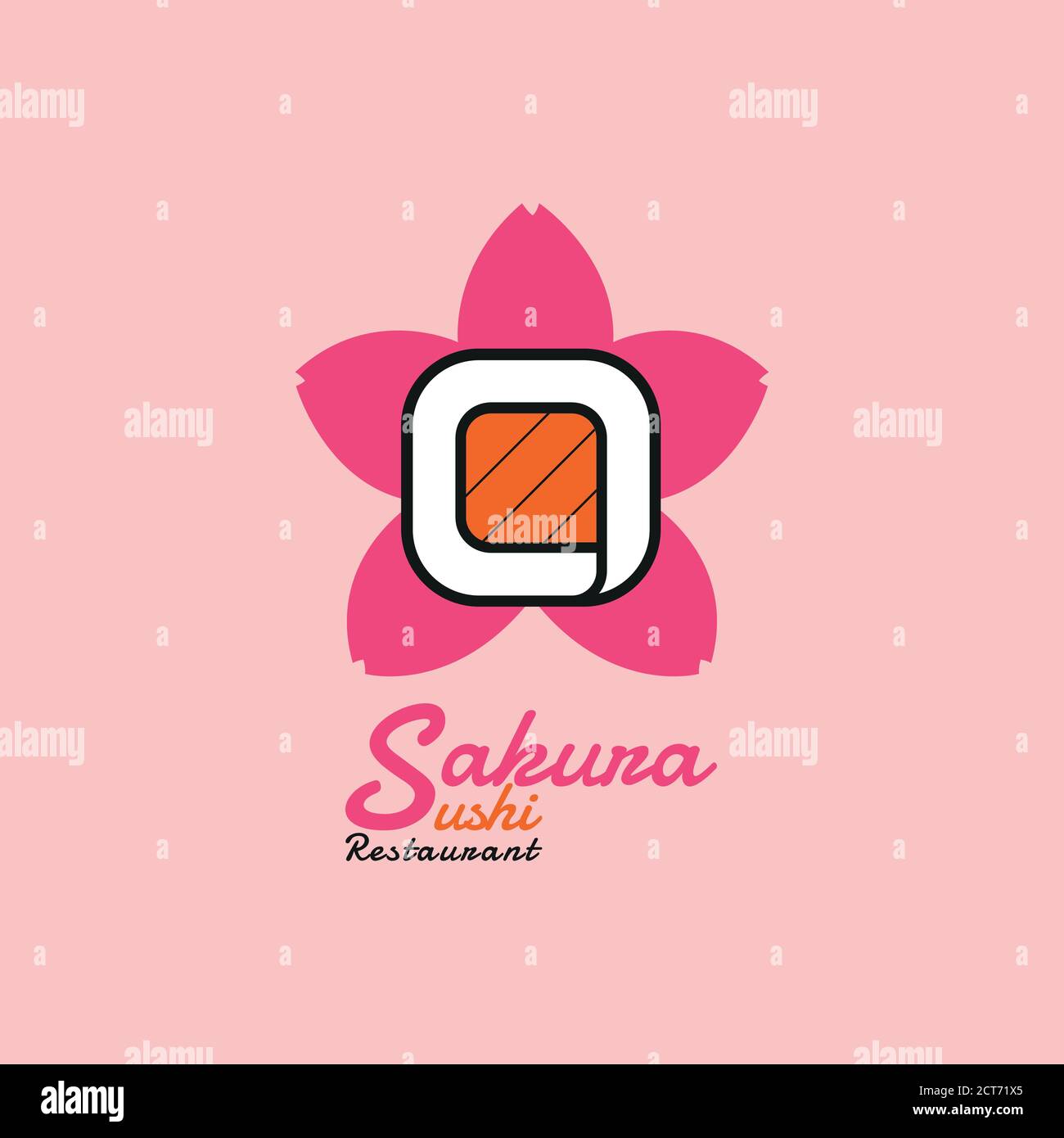 Si tratta di un design con logo, per un ristorante sushi. Combinando 2 diversi oggetti, vale a dire sushi e petali di fiori sakura. Illustrazione Vettoriale