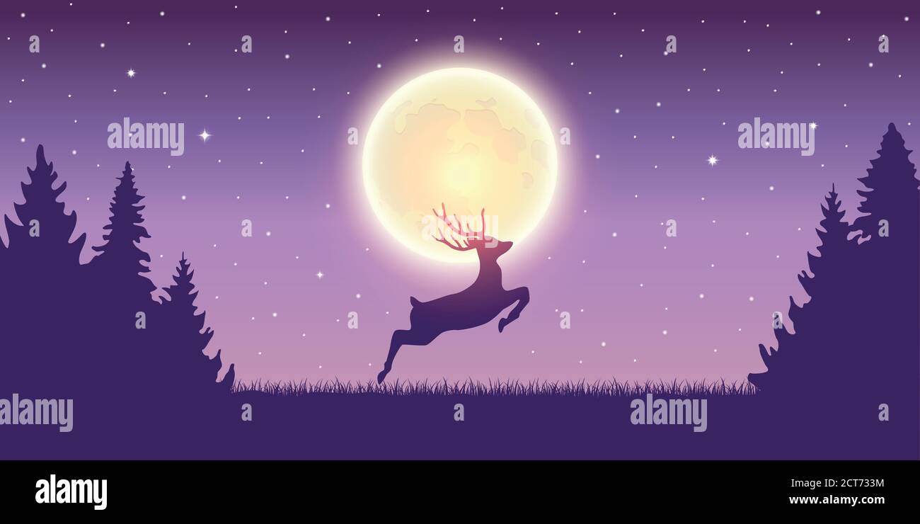 jumping cervi nella natura da luna luce vettore illustrazione EPS10 Illustrazione Vettoriale
