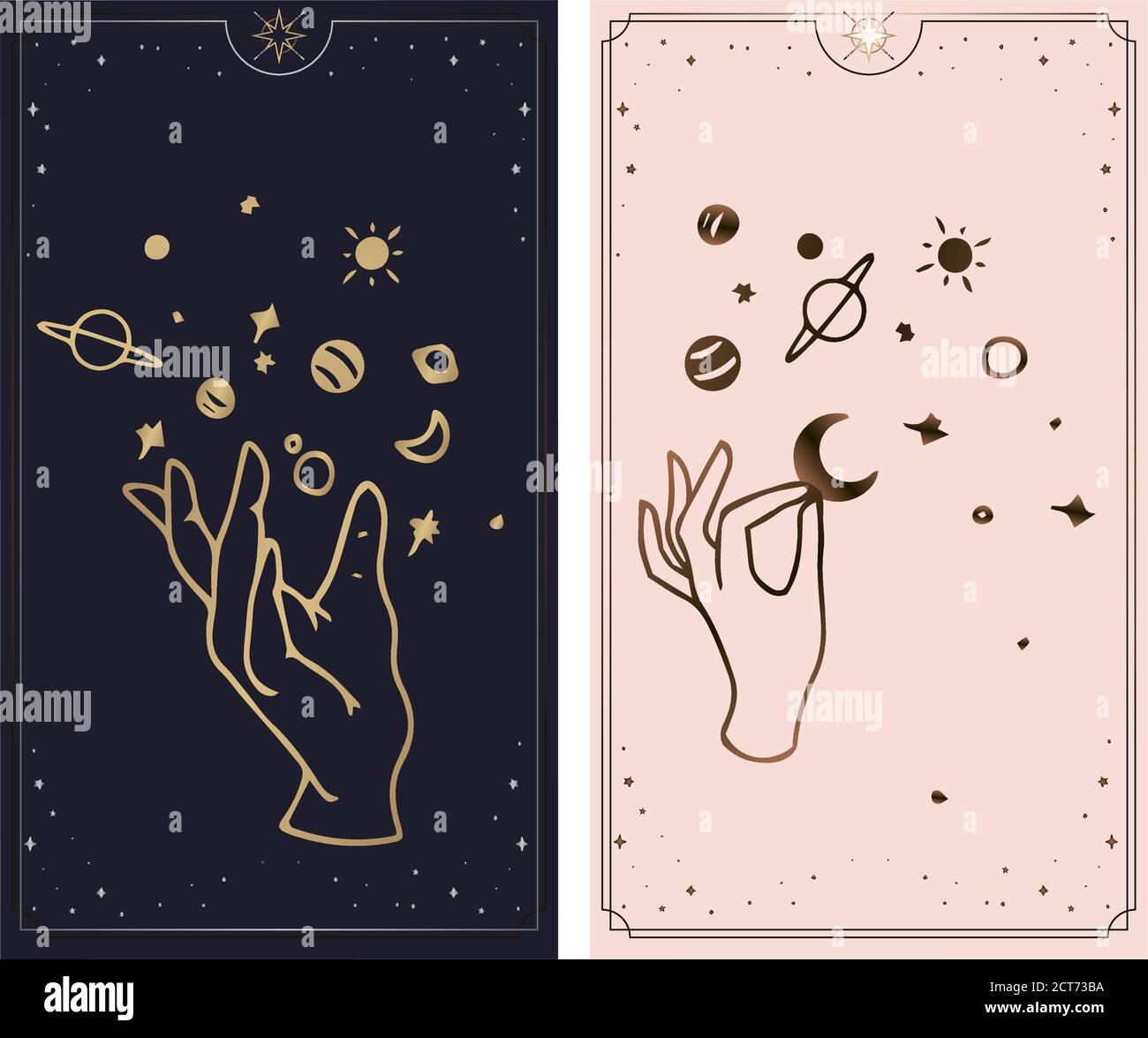 Le carte tarocchi COSMOS sono create dalle mani di Dio. Le mani sono impostate in un semplice stile Boho piatto esoterico. Collezione esoterica di loghi con vari symb Illustrazione Vettoriale