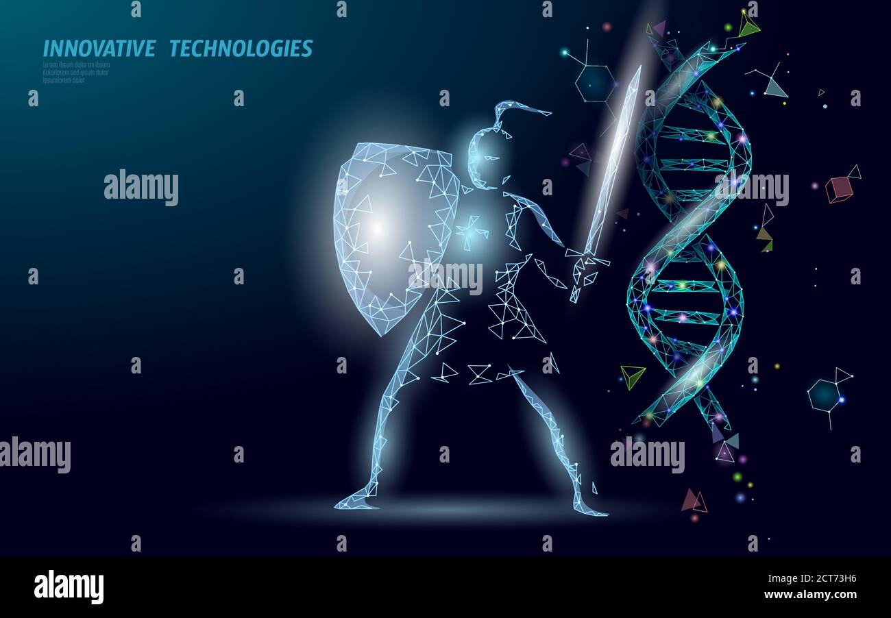 La terapia genica DNA 3D molecola chimica di struttura bassa poli. Triangolo poligonale punto linea cellula sana parte. Innovazione medicina blu ingegneria del genoma Illustrazione Vettoriale