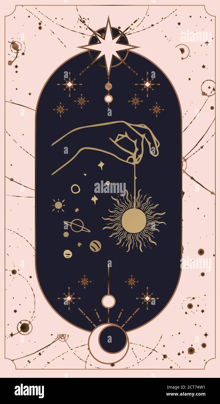 Le carte tarocchi COSMOS sono create dalle mani di Dio. Le mani sono impostate in un semplice stile Boho piatto esoterico. Collezione esoterica di loghi con vari symb Illustrazione Vettoriale