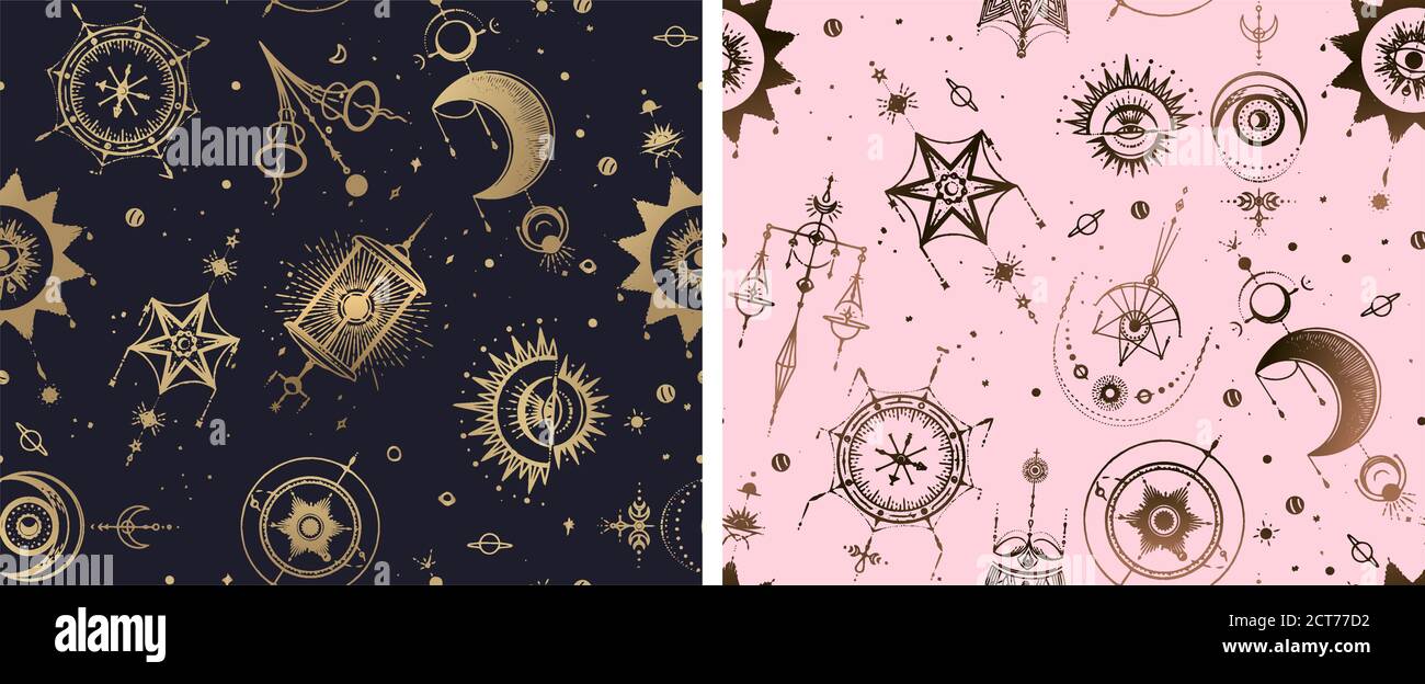 Mistico, magico, sfondo. Religione e occultismo con simboli esoterici e masonici. Manoscritto medievale ispirato. Pattern vettoriale senza giunture in RER Illustrazione Vettoriale