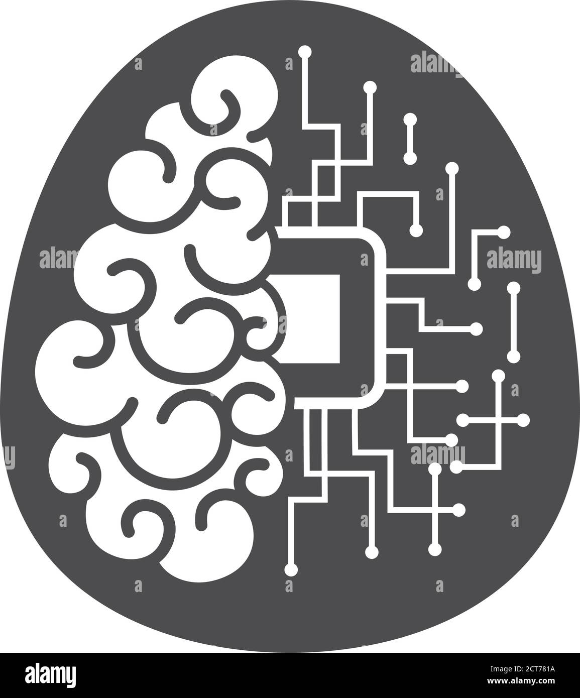 Icona del concetto di intelligenza artificiale in bianco e nero. Testa umana con impianto cerebrale elettronico. Illustrazione vettoriale. Illustrazione Vettoriale
