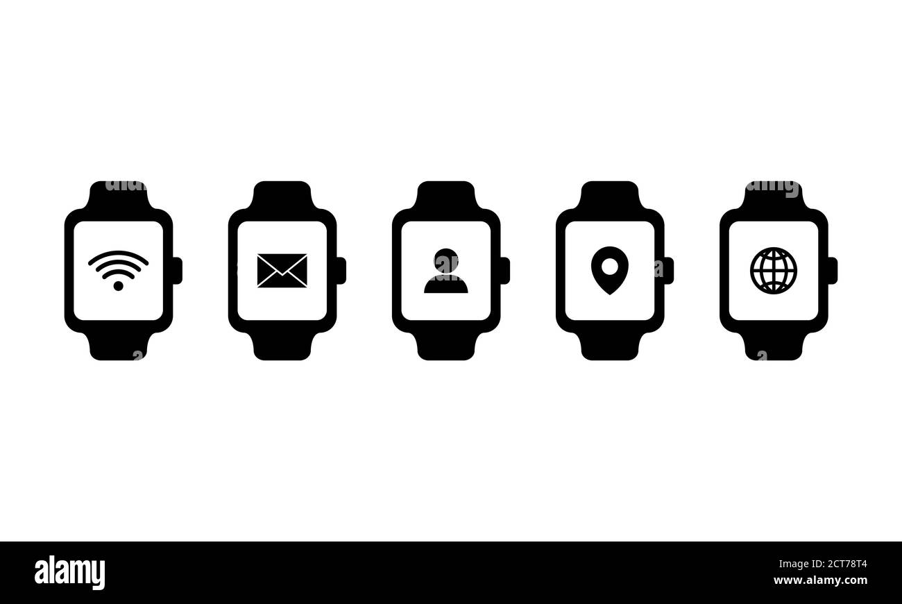 Icona funzioni Smart Watch e tecnologia. Con wi-fi, messaggio, contatti, posizione e cartello Internet. Vettore su sfondo bianco isolato. EPS 10. Illustrazione Vettoriale