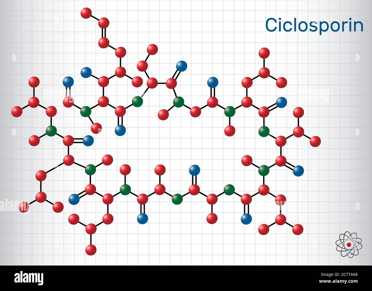 Ciclosporina, ciclosporina, molecola di ciclosporina. Ha proprietà immunomodulatorie, prevenire il rigetto del trapianto di organi, trattare infiammatori, autoimmun Illustrazione Vettoriale