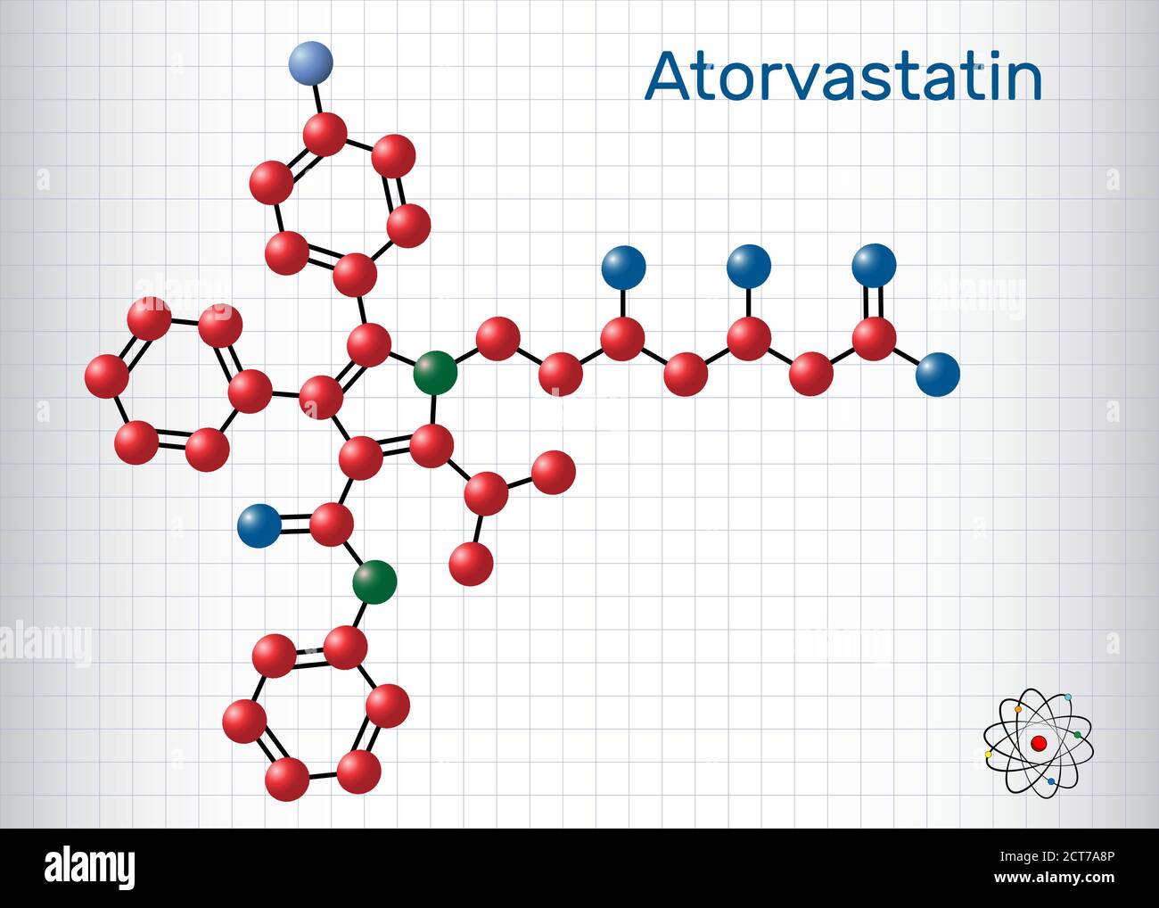 Atorvastatina, molecola di statina. È usato per abbassare il colesterolo nel sangue e per prevenire le malattie cardiovascolari. Foglio di carta in gabbia. Vettore Illustrazione Vettoriale