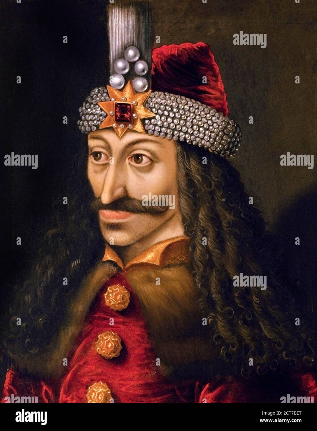 Vlad l'Impalatore. Ritratto di Vlad III, noto come Vlad l'Impalatore o Vlad Dracula (c.1428/31-1476/77), che fu re di Wallachia tre volte. Pittura, olio su tela, metà 16 ° secolo. Foto Stock