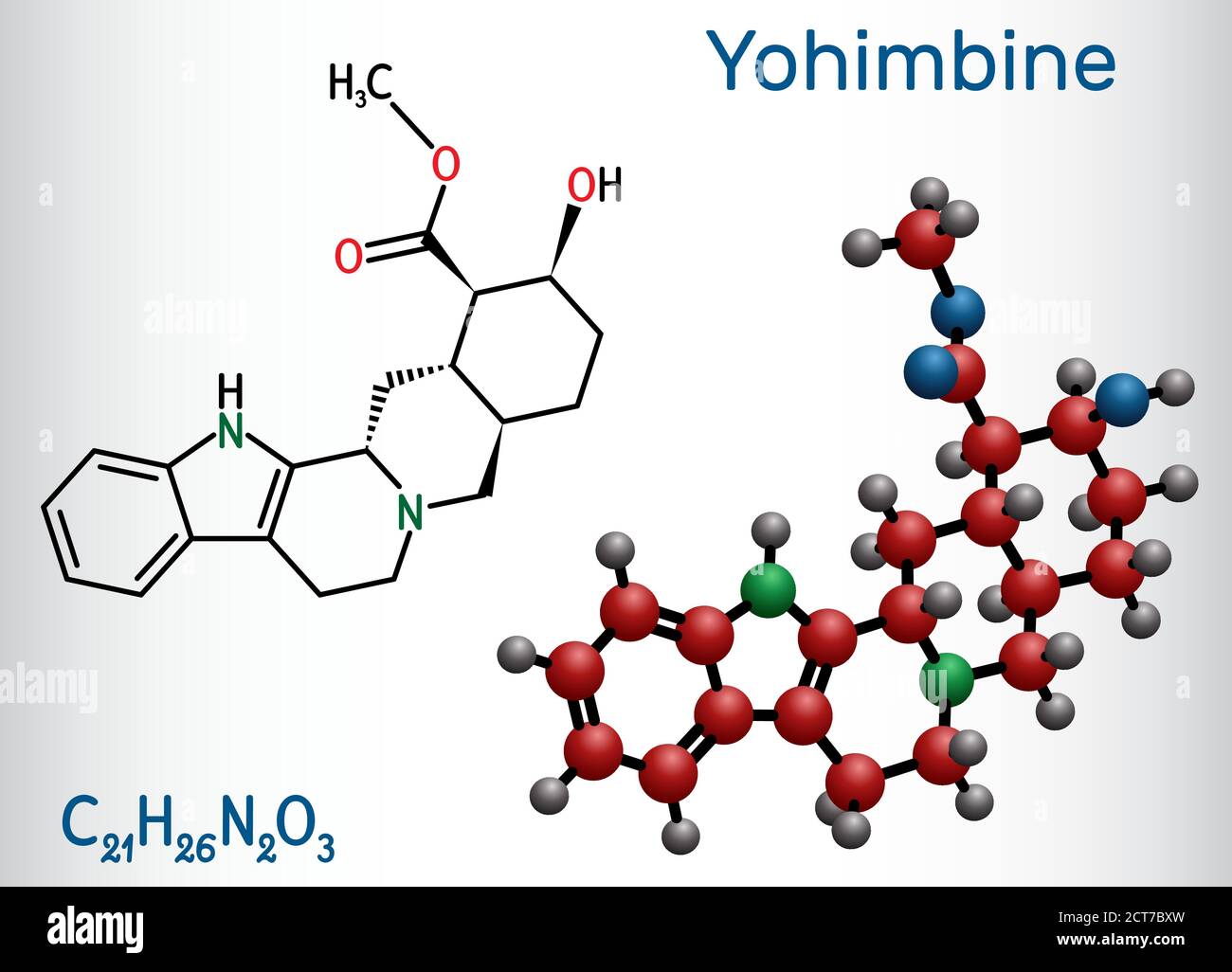 Yohimbine, yohimbe, molecola di quebrachine. È afrodisiaco, alcaloide vegetale. Formula chimica strutturale e modello molecolare. Illustrazione vettoriale Illustrazione Vettoriale