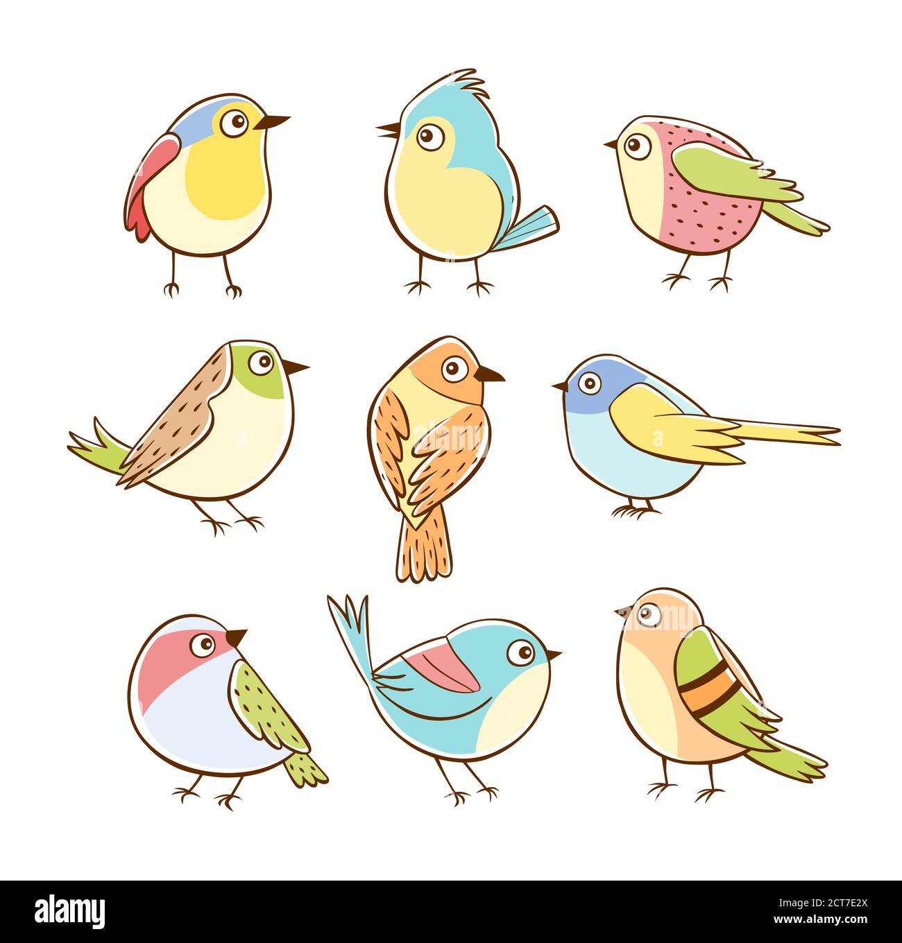 Collezione di piccoli uccelli carini in diverse pose. Uccelli colorati isolati su sfondo bianco. Illustrazione vettoriale disegnata a mano. Illustrazione Vettoriale