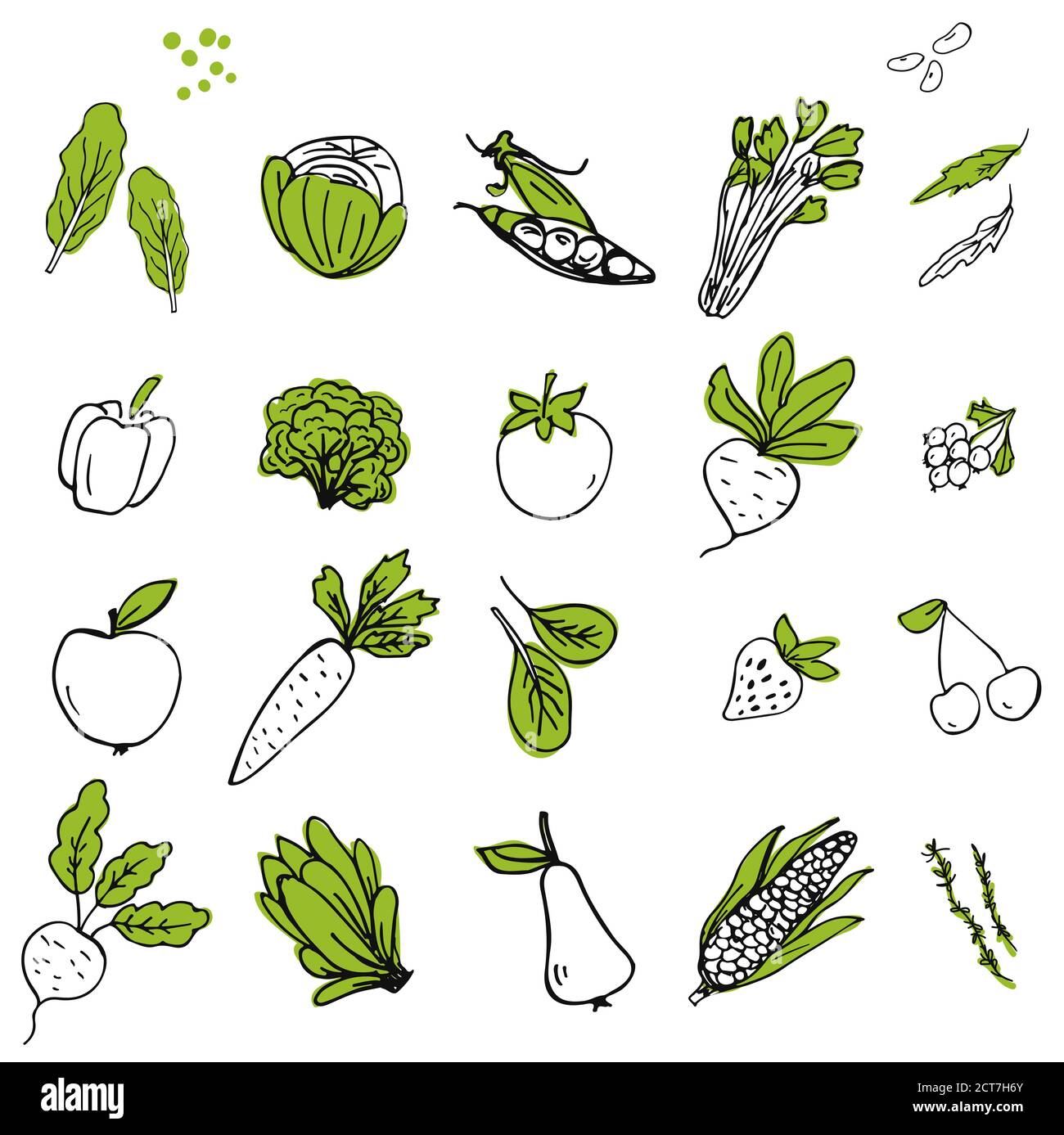 Set di icone di frutta e verdura disegnate a mano Illustrazione Vettoriale