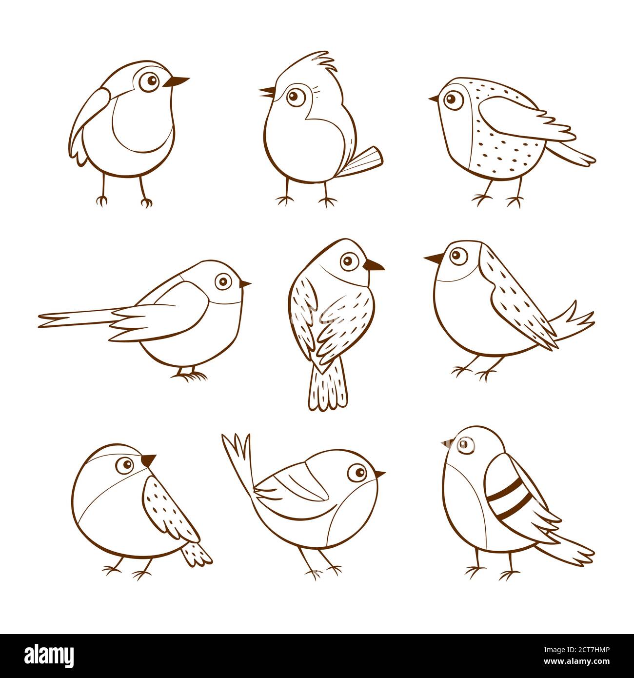 Piccoli uccelli disegnati a mano in diverse pose, isolati su sfondo bianco. Illustrazione vettoriale. Illustrazione Vettoriale