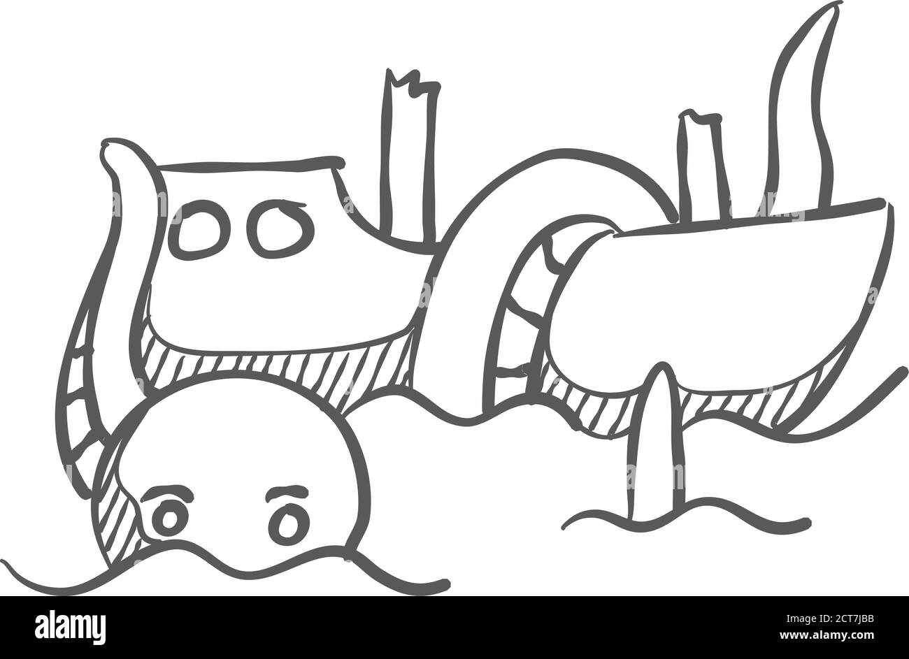 Nave e icona del polpo gigante in stile schizzo. Illustrazione vettoriale disegnata a mano. Illustrazione Vettoriale