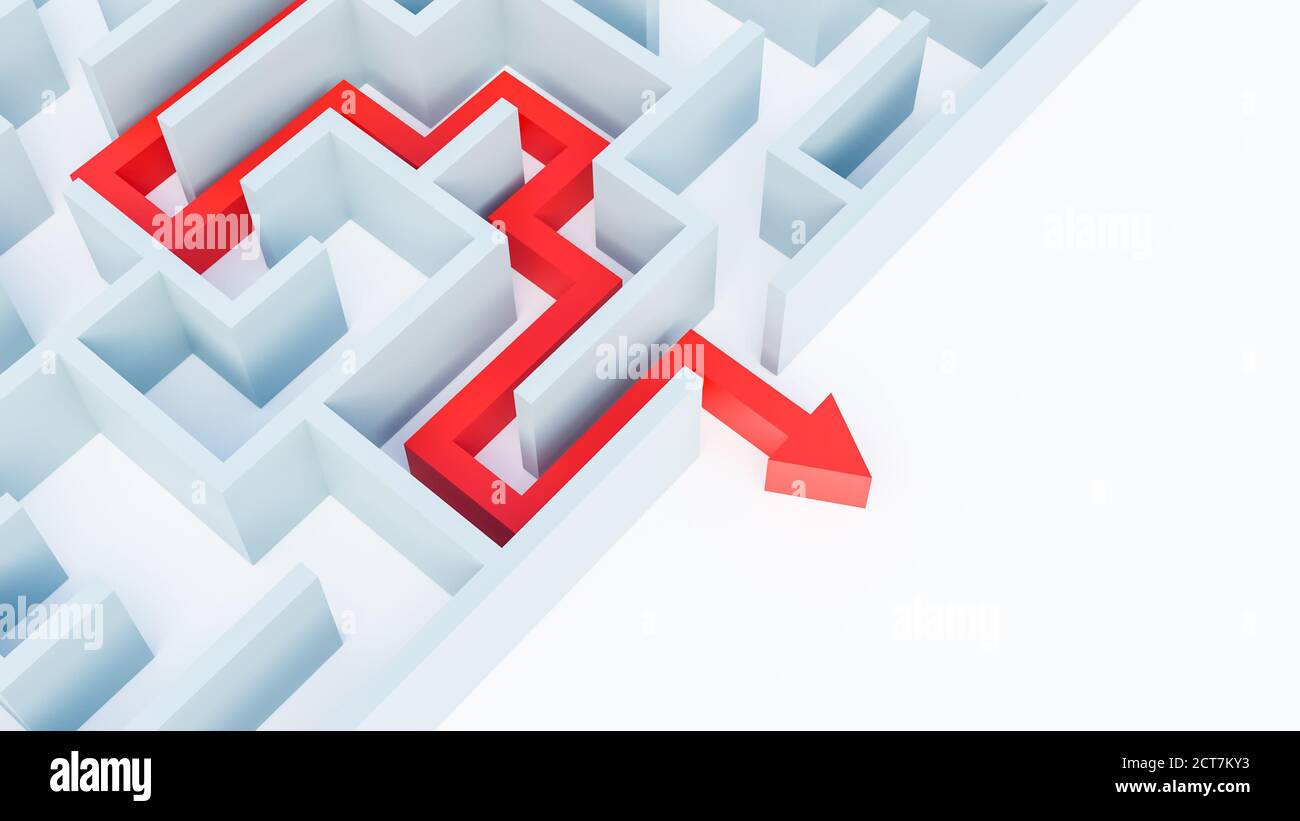 Labirinto o labirinto con illustrazione di rendering 3D della soluzione con spazio di copia. Freccia rossa che indica il percorso per l'uscita. Risolvere un indovinello, un problema, un bacio Foto Stock