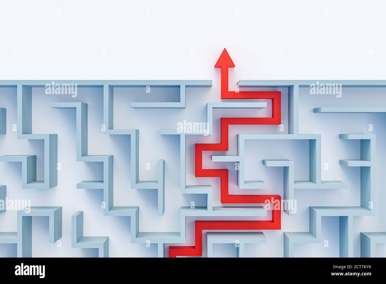 Labirinto o labirinto con soluzione 3D rappresentazione illustrazione vista dall'alto con spazio di copia. Freccia rossa che indica il percorso per l'uscita. Risolvere un indovinello, un proble Foto Stock