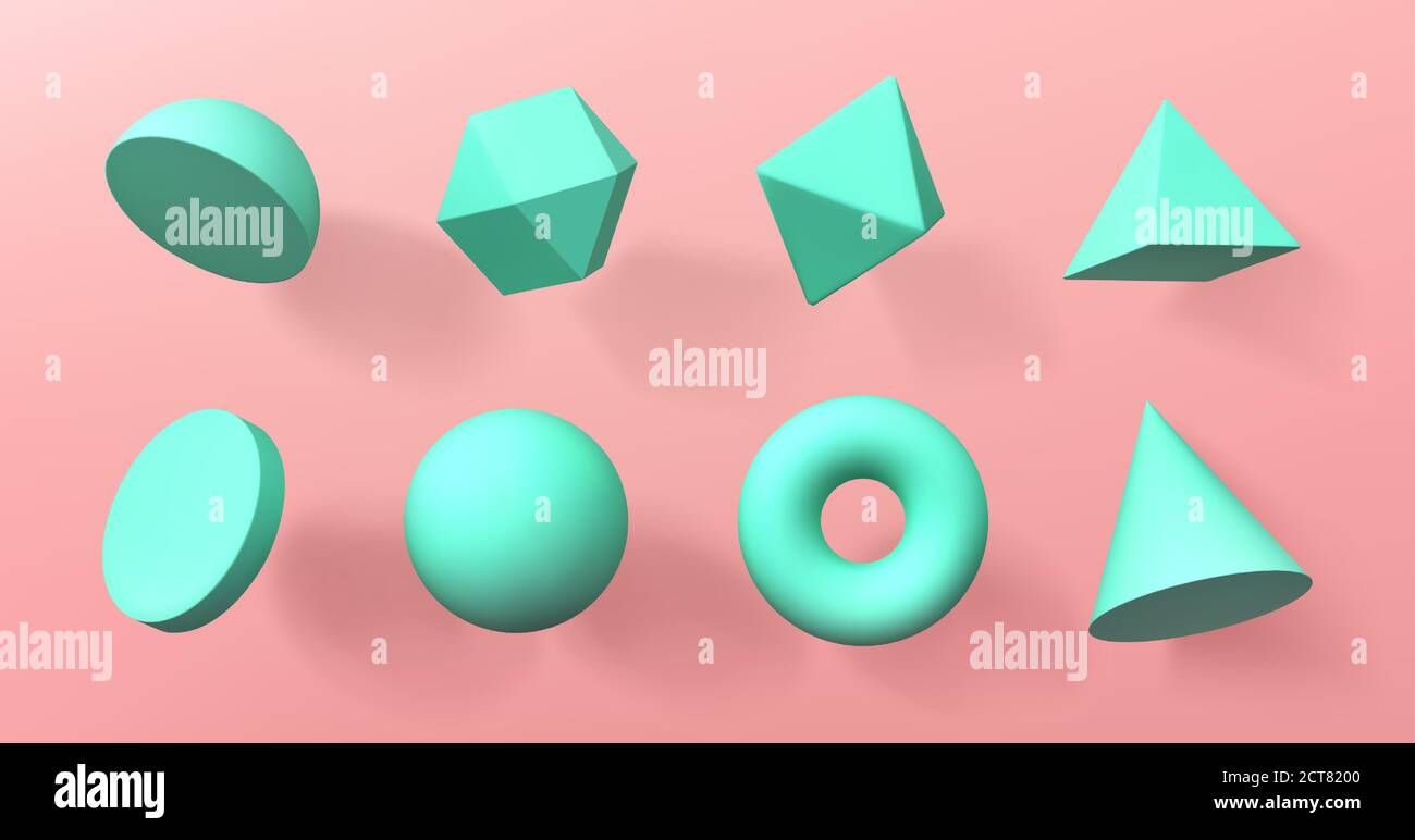 Forme geometriche 3d emisfero, ottaedro, sfera e toro, cono, cilindro e piramide con icosaedro. Figure geometriche voluminose di base per l'istruzione, illustrazioni vettoriali realistiche, set di icone Illustrazione Vettoriale