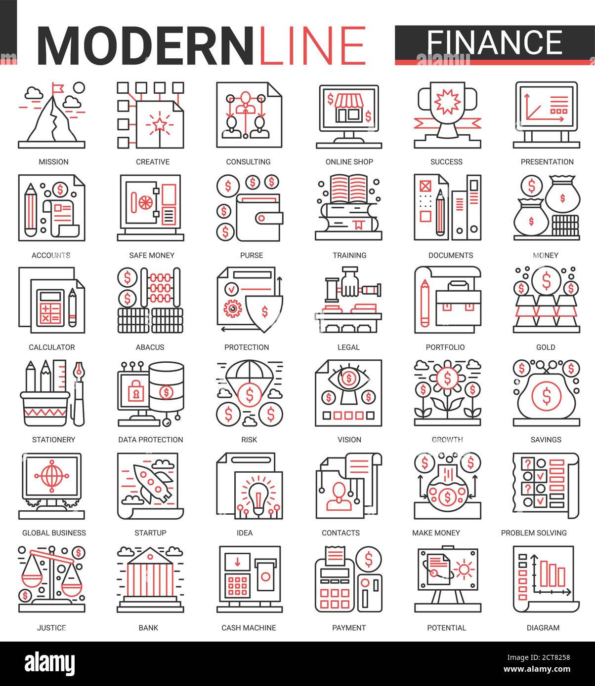 Concetto finanziario complesso sottile rosso linea nera concetto icona insieme vettoriale con contorno business finanziario simboli raccolta commercio analisi tecnologia, dati economici consulenza e analisi conto bancario Illustrazione Vettoriale